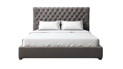 This elegant bed with a gray tufted headboard and crisp white linens invites relaxation and promises a peaceful night's sleep. 