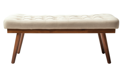 A stylish and elegant, modern bench with light fabric upholstery and button tufting. The bench stands on sturdy wooden legs and provides a touch of sophistication to any home.  