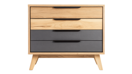 A modern and stylish chest of drawers, featuring a sleek design with a natural wood finish and contrasting black drawers. This piece adds a touch of sophistication to any bedroom. 