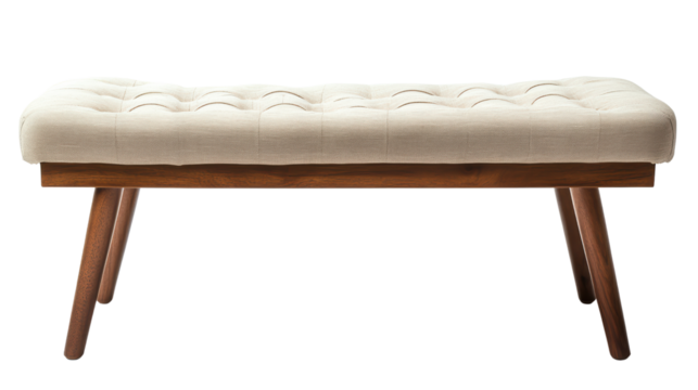 A stylish and elegant, modern bench with light fabric upholstery and button tufting. The bench stands on sturdy wooden legs and provides a touch of sophistication to any home.  