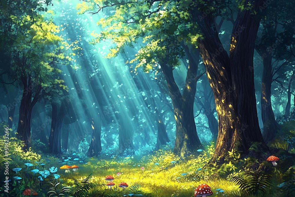 Poster sunbeams filtering through a lush forest canopy with mushrooms on the forest floor