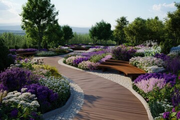 Fototapeta premium A winding wooden walkway meanders through a vibrant garden filled with a myriad of colorful flowers, set against a backdrop of towering trees and clear skies.