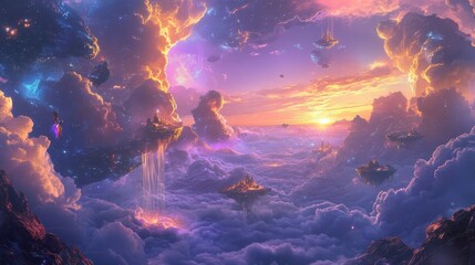 Obraz premium Fantasy landscape with waterfall and planets. Digital painting 