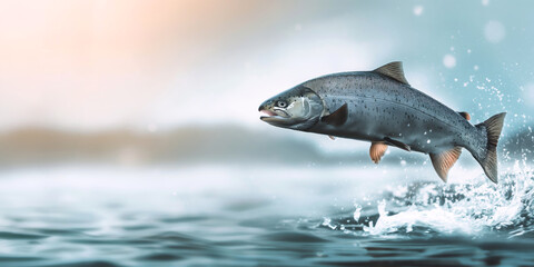 Fototapeta premium Huge salmon fish in flight over the water. A large trout jumps out of the river.
