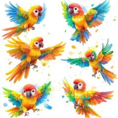Obraz premium Colorful illustrations of parrots in various poses with vibrant feathers.