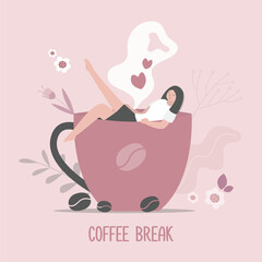 Coffee break woman. Young girl sitting in cup of hot drink. Person with cappuccino or americano. Aroma and beverage.