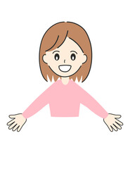 手を広げて注目を集めるために視線を誘導する女性のイラスト