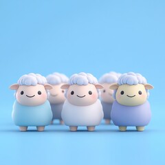 Obraz premium A group of cute cartoon sheep with various pastel colors against a blue background.
