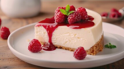 Delectable creamy cheesecake topped with a vibrant raspberry coulis and fresh mint leaves presented on a wooden plate against a soft blurred background