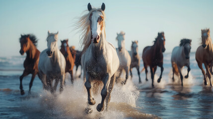 Fototapeta premium A herd of horses running on the sandy beach. Wild horse galloping through the water on seashore.