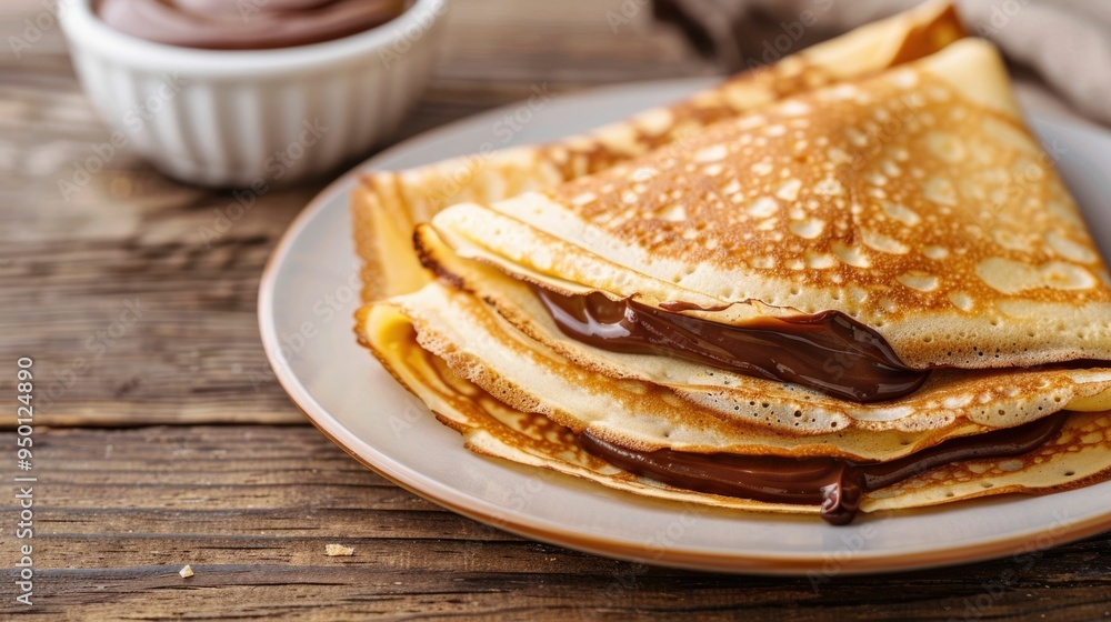 Aufkleber delicious nutella filled crepes with a rich hazelnut spread folded neatly on a wooden table with a s