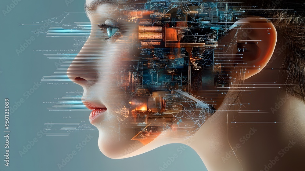 Poster digital transformation woman's face merged with circuitry and code.