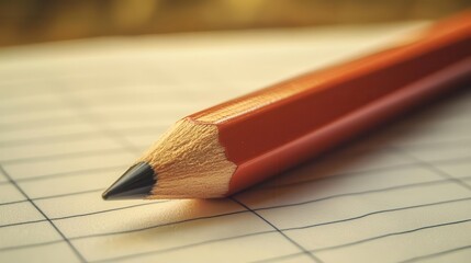 Obraz premium Pencil with a built-in eraser, lying on a lined notebook, classic style, warm tones, close-up, sharp focus, soft shadow