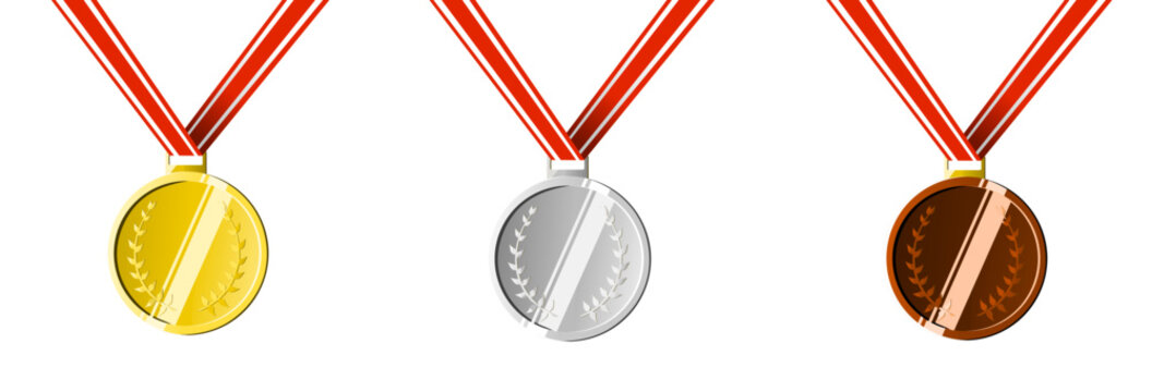 Gold, Silver, and Bronze Medals with Red and White Ribbons - Award Symbols for Top Three Achievements in Competitions and Sports - Vector Illustration