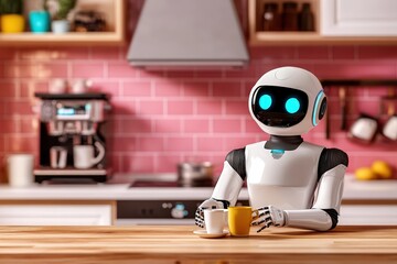 A white robot with striking blue eyes sits at a kitchen counter, holding a yellow mug, in a colorful kitchen environment, displaying the blend of technology with daily life.