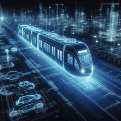 121 Blueprint Hologram The tram is rendered as a glowing blue bl