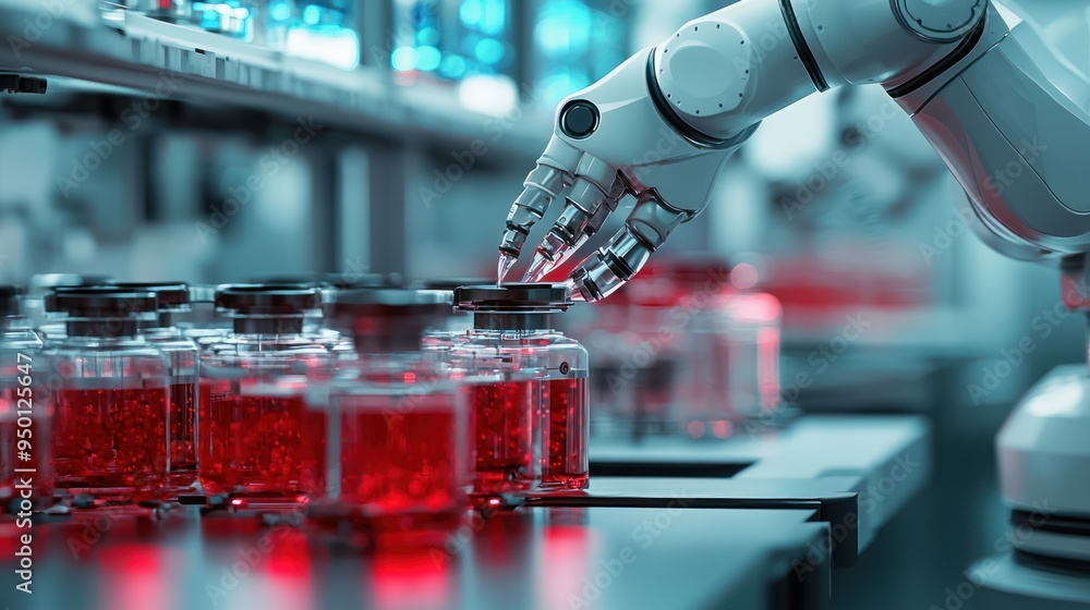 Poster futuristic 3d lab setup with robotic arms handling biological samples - high-quality microbiology tr