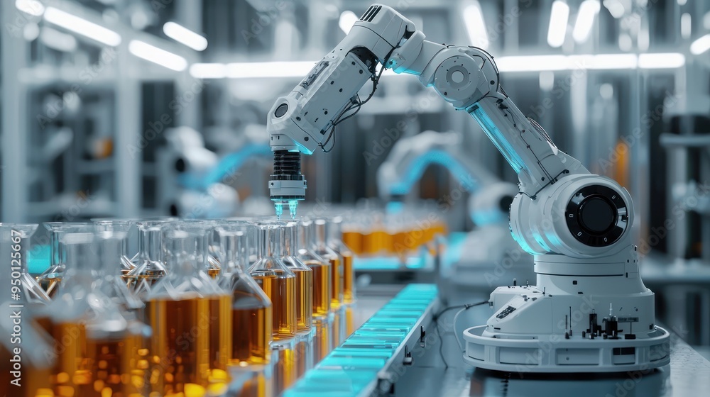 Poster advanced 3d laboratory with robotic arms handling biological samples - high-quality microbiology tre