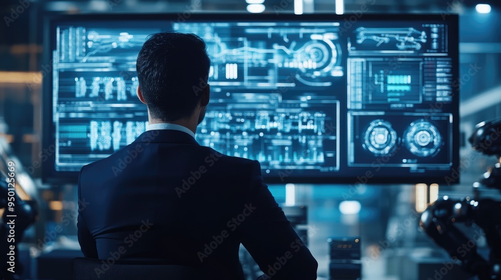 Aufkleber a business professional observing a digital screen displaying automated workflows with robotic eleme