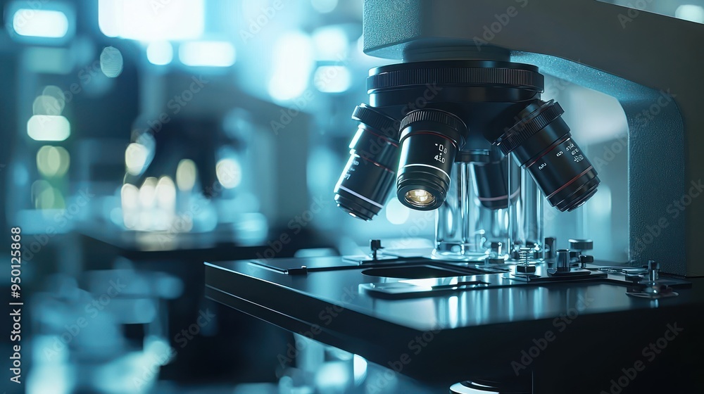 Poster cutting-edge 3d microbiology lab scene with scientists analyzing slides and microscopes, high detail