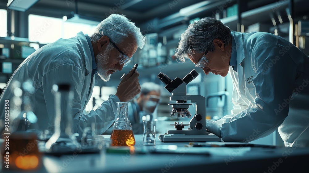 Aufkleber cutting-edge 3d microbiology lab scene with scientists analyzing slides under high-powered microscop