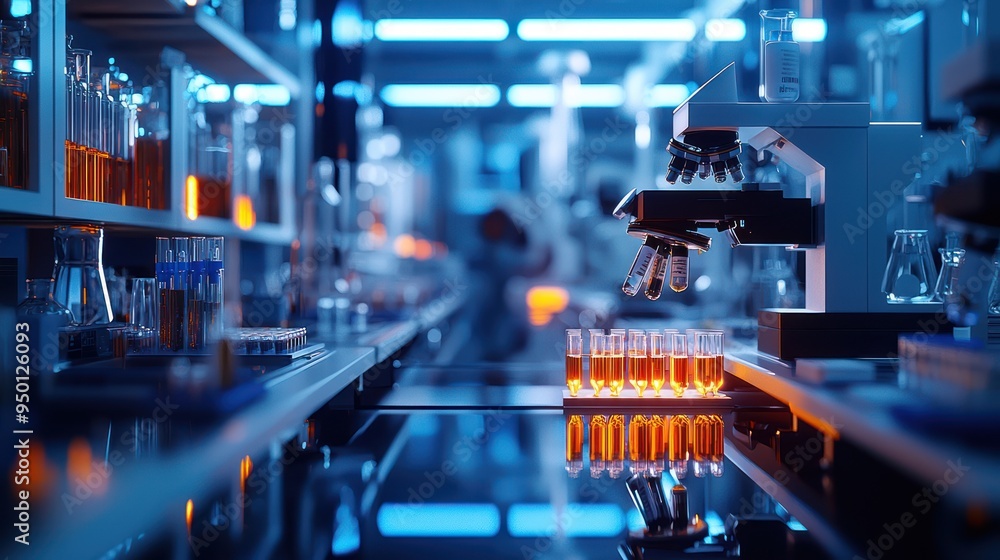 Poster futuristic 3d microbiology laboratory with high-tech instruments and treatment background in 8k qual