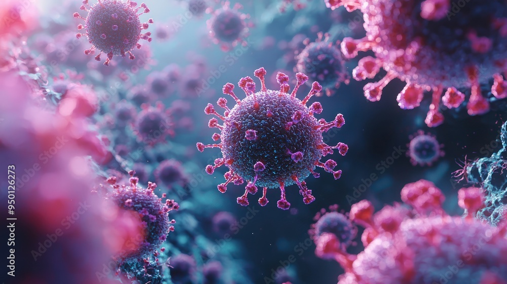Aufkleber virus-immune cell interaction in sterile lab - high-quality 3d microbial study in c4d oc render 8k r