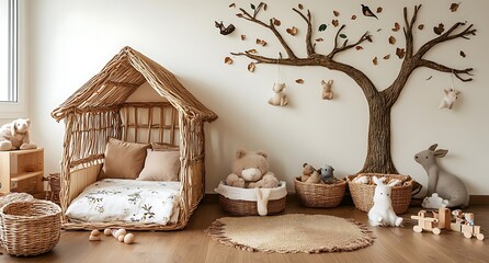 Cozy Child's Bedroom with Wicker Bed and Wooden Tree Decor