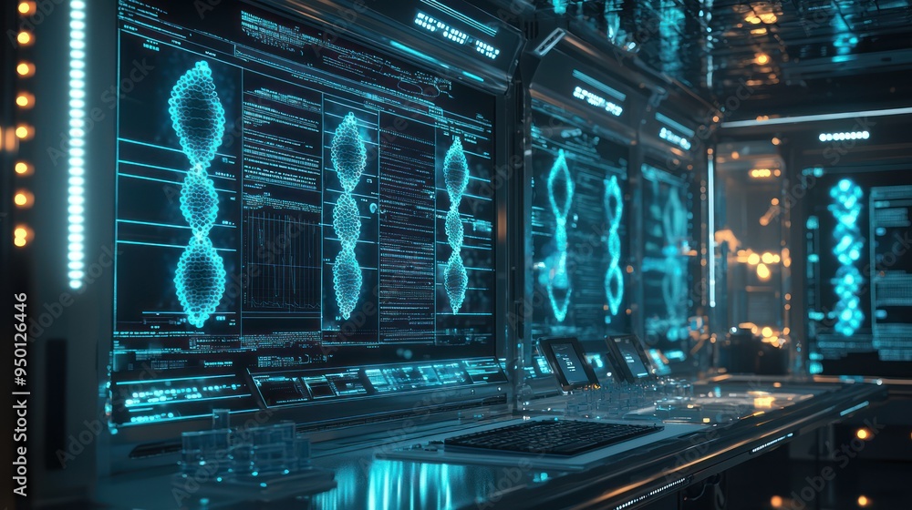 Poster cutting-edge 3d microbiology lab with transparent screens showing bacterial dna sequences - futurist