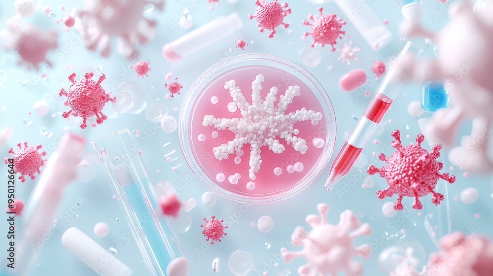 Poster cutting-edge microbiology lab analysis in 3d petri dish with advanced tools - high quality c4d and o