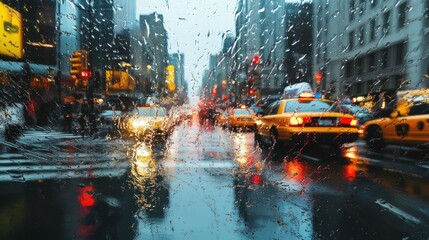 Rain-streaked Window with Blurry Cityscape and Taxicabs