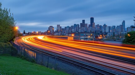 Fototapeta premium City Skyline with Long Exposure of Highway Traffic at Night