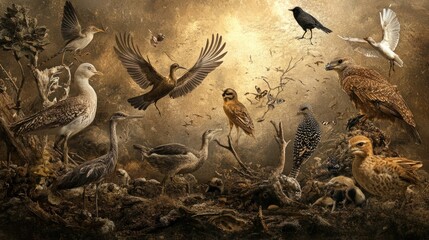 A Gathering of Birds in a Rustic, Golden Forest