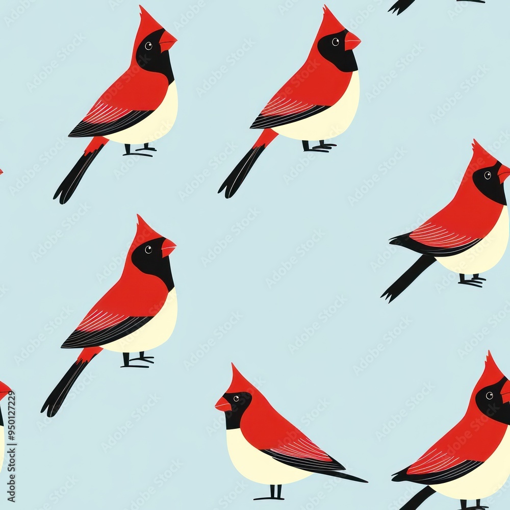 Canvas Prints A repeating pattern of stylized red cardinals on a light blue background.