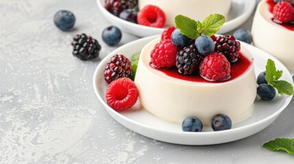 Delectable homemade vanilla bean panna cotta with fresh raspberries blueberries and blackberries...