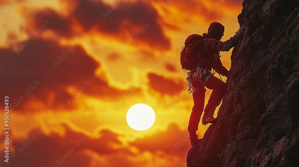Poster A man is climbing a rock face while the sun is setting in the background