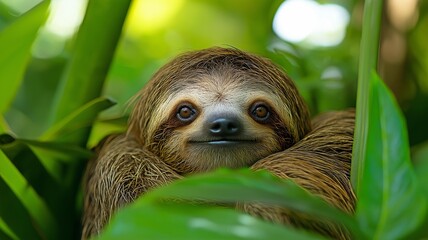 Fototapeta premium A close-up portrait of a cute sloth nestled among vibrant green leaves in a tropical jungle.