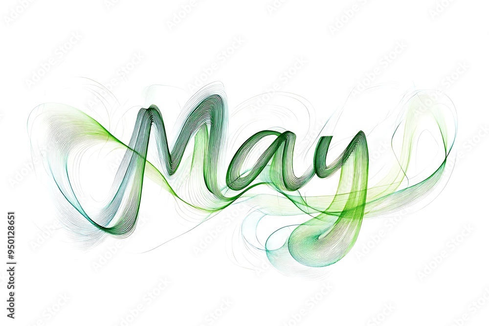Poster elegant 'may' calligraphy with modern artistic patterns and green gradients on white background