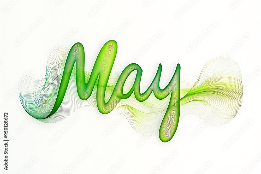 Poster graceful 'may' script with modern artistic patterns and lush green gradients on white background