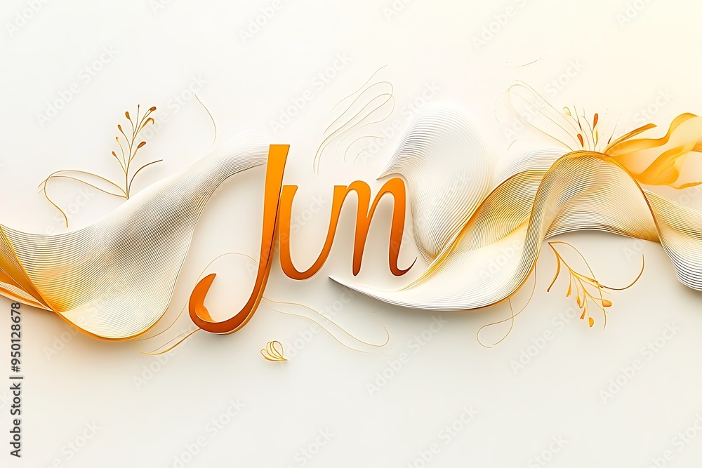 Poster jun in elegant script with abstract summer shapes in golden tones on white background