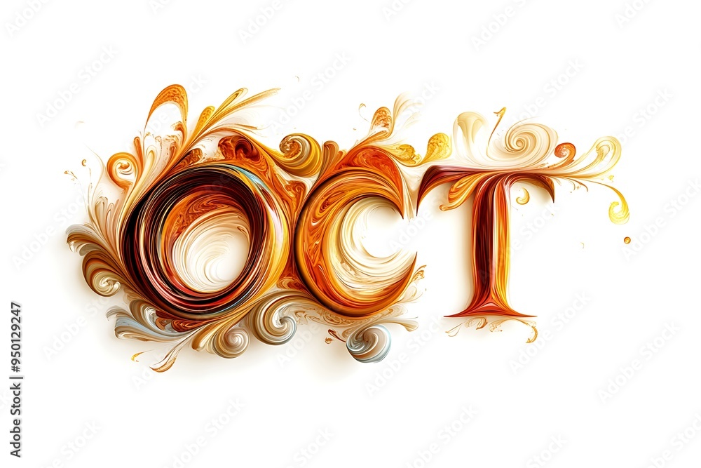 Poster enchanting 'oct' script with autumnal swirls on white background