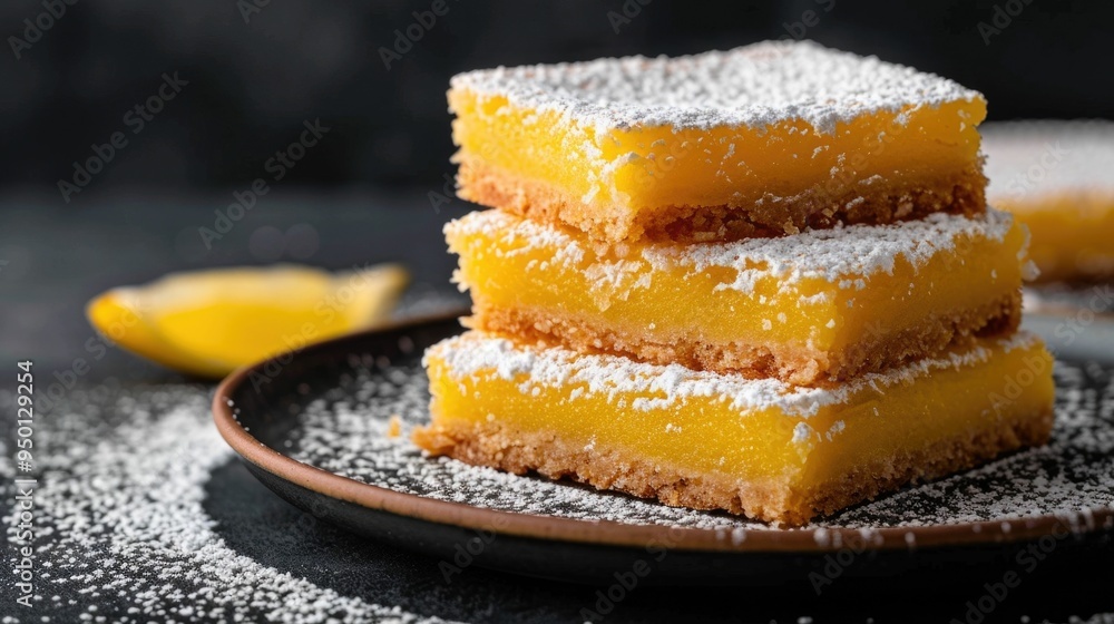 Poster closeup of freshly baked lemon bars or squares with a generous dusting of powdered sugar on a rustic