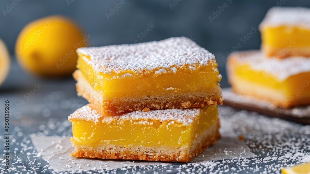 Aufkleber Freshly baked lemon bars with a generous dusting of powdered sugar capturing the enticing texture and depth of field to showcase the mouthwatering dessert in all its delectable glory