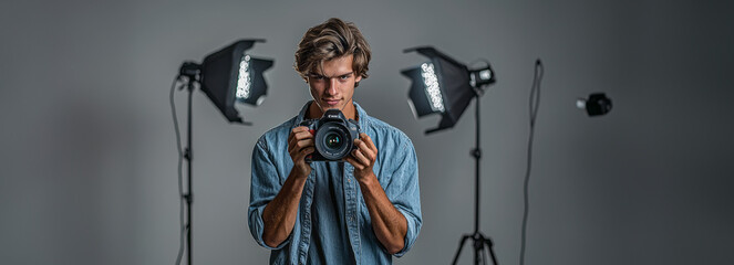 Creative young man capturing moments in studio with camera and lighting gear