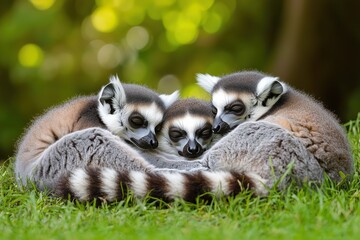 Fototapeta premium Three adorable ring-tailed lemurs cuddling together in a furry ball on grass, their distinctive black and white faces peeking out amid lush greenery