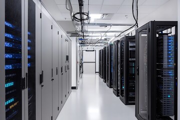 Server Room with Rows of Black Cabinets and Blue Lights