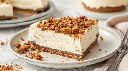 Closeup of a decadent homemade Biscoff cheesecake with a rich creamy filling and a crunchy biscuit topping served on a white plate with a fork