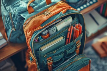 A student's backpack opened to show organized school supplies inside