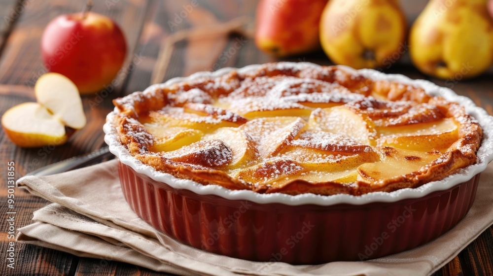 Aufkleber close up view of a delicious homemade pear clafoutis pastry dessert with a light dusting of powdered