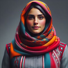 140 A woman with a vibrant scarf her uniform blending traditiona